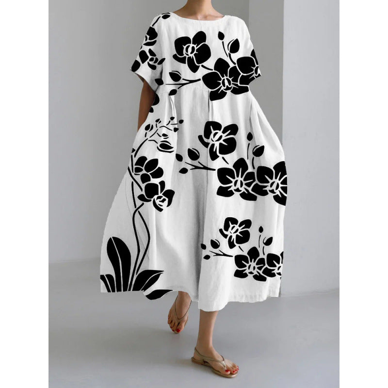 Women's Loose Round Neck Fashion Premium Short Sleeve Printed Dress