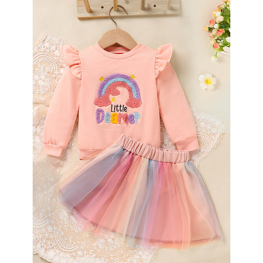 Baby Girls Rainbow Skirt Set Letters Embroidery Long Sleeve Sweatshirt Tops & Rainbow Tutu Skirt Outfits