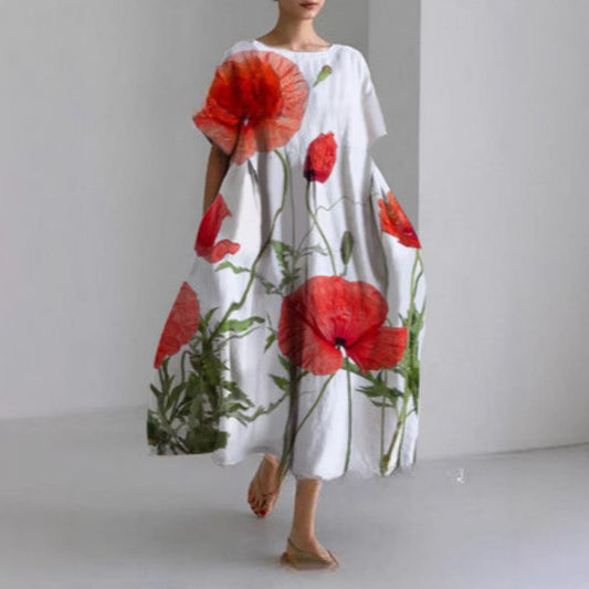 Women's Loose Round Neck Fashion Premium Short Sleeve Printed Dress