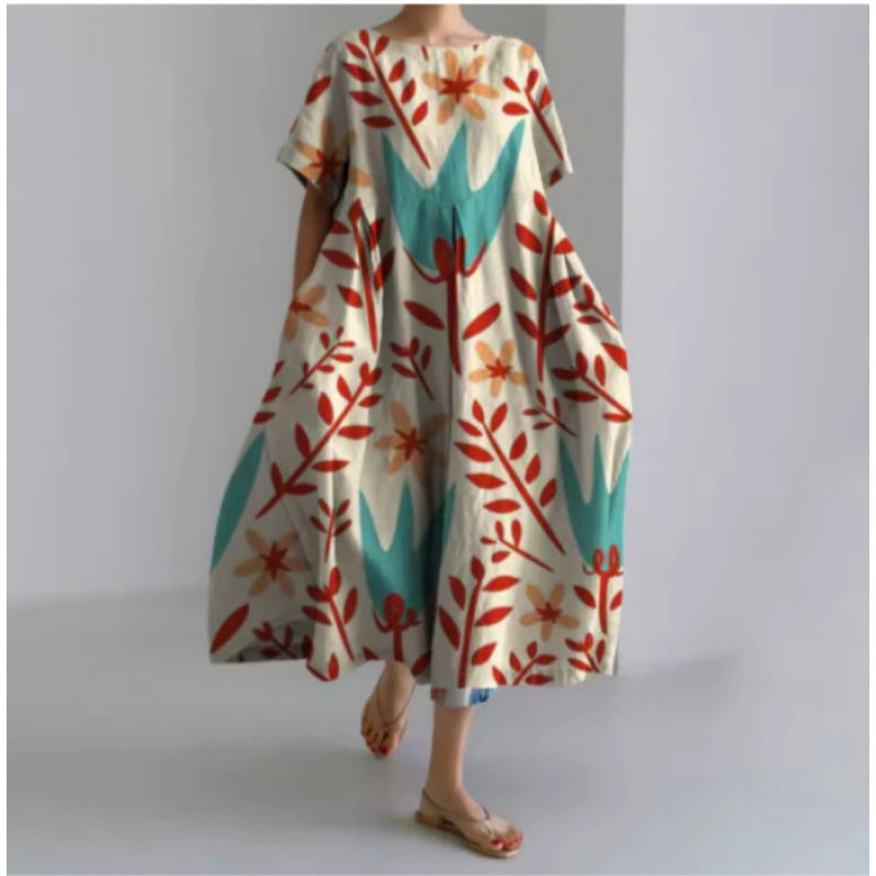 Women's Loose Round Neck Fashion Premium Short Sleeve Printed Dress