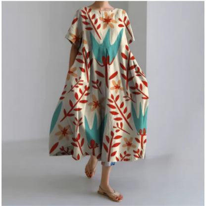 Women's Loose Round Neck Fashion Premium Short Sleeve Printed Dress